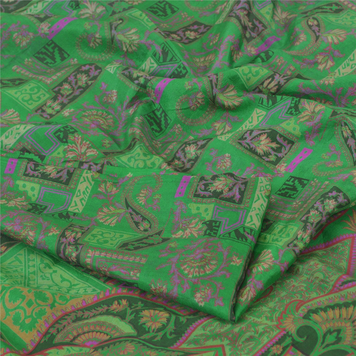 Sanskriti Vintage Sarees Green Zari Border Pure Silk Print Sari 5yd Craft Sustainable Fabric