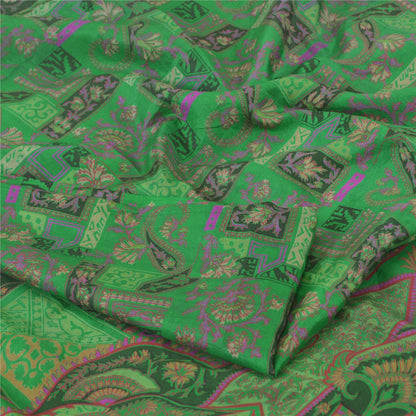 Sanskriti Vintage Sarees Green Zari Border Pure Silk Print Sari 5yd Craft Sustainable Fabric