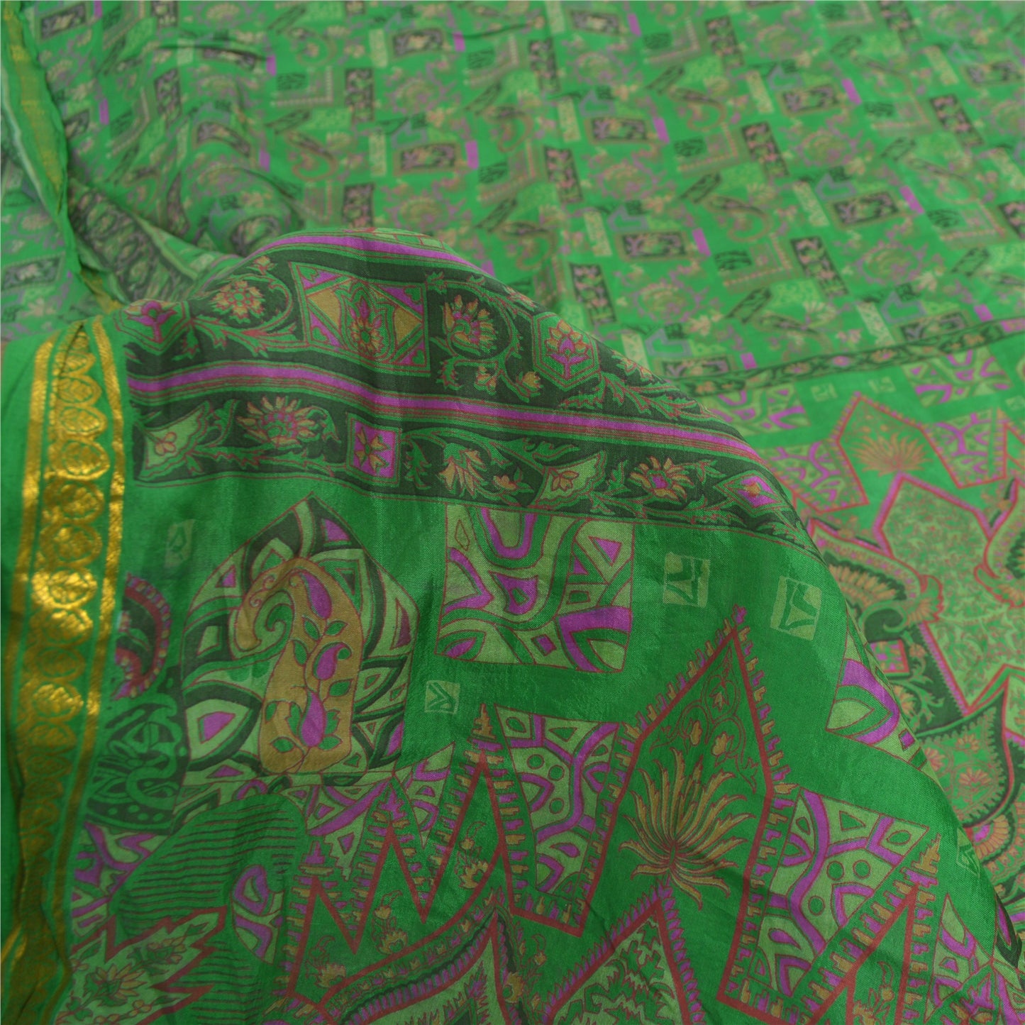 Sanskriti Vintage Sarees Green Zari Border Pure Silk Print Sari 5yd Craft Sustainable Fabric