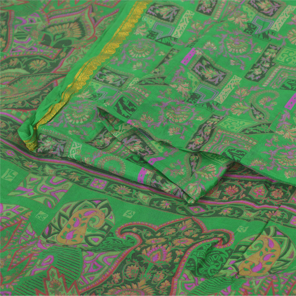 Sanskriti Vintage Sarees Green Zari Border Pure Silk Print Sari 5yd Craft Sustainable Fabric