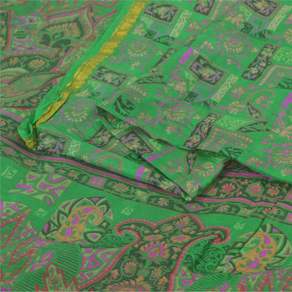 Sanskriti Vintage Sarees Green Zari Border Pure Silk Print Sari 5yd Craft Sustainable Fabric