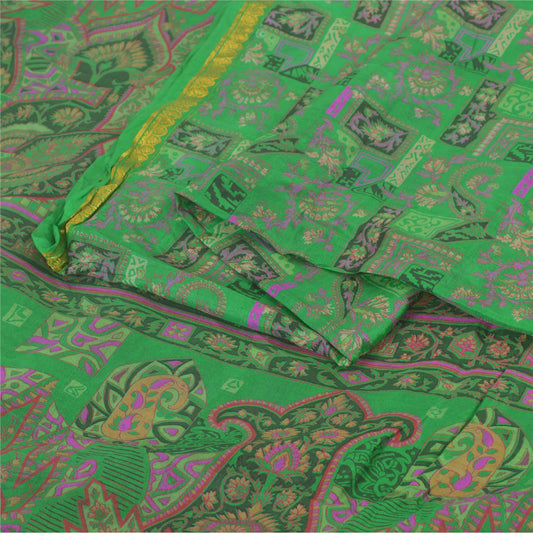 Sanskriti Vintage Sarees Green Zari Border Pure Silk Print Sari 5yd Craft Sustainable Fabric