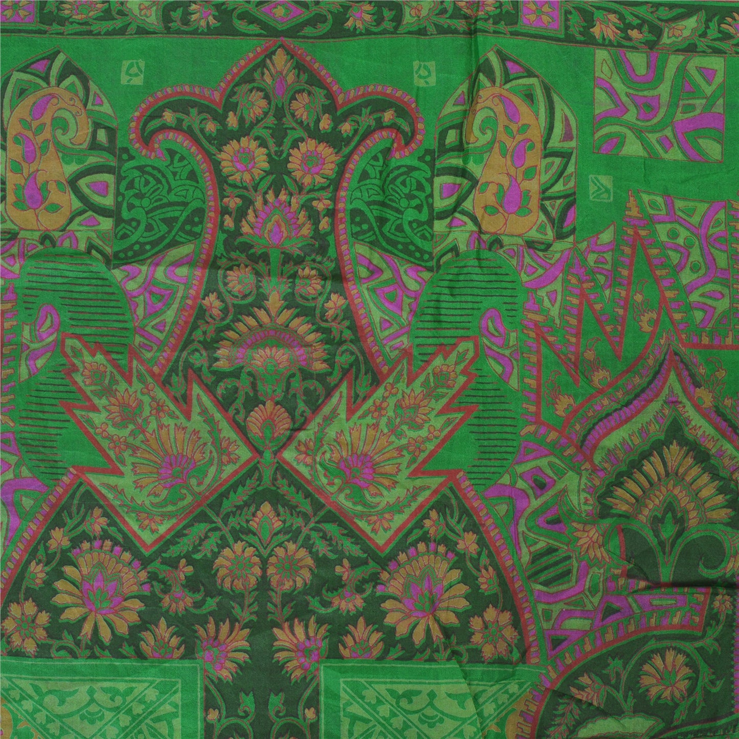 Sanskriti Vintage Sarees Green Zari Border Pure Silk Print Sari 5yd Craft Sustainable Fabric
