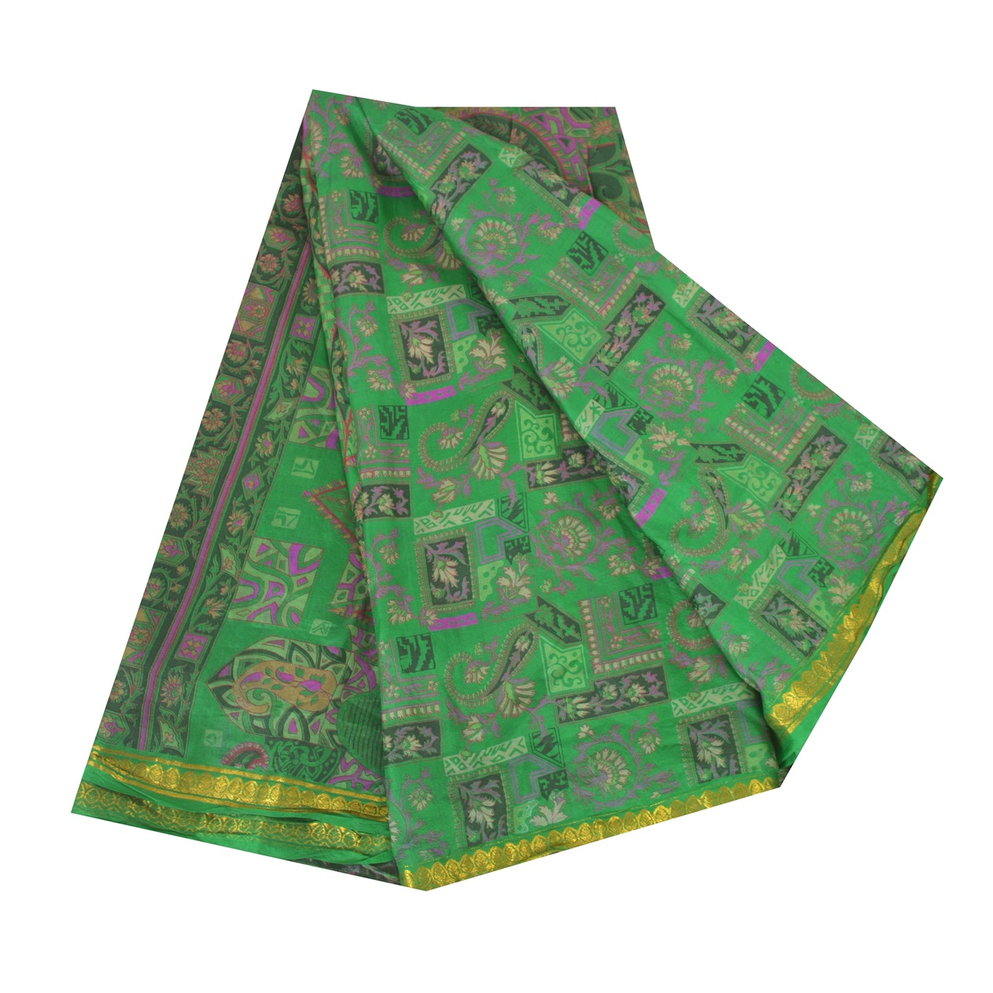 Sanskriti Vintage Sarees Green Zari Border Pure Silk Print Sari 5yd Craft Sustainable Fabric