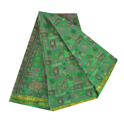 Sanskriti Vintage Sarees Green Zari Border Pure Silk Print Sari 5yd Craft Sustainable Fabric