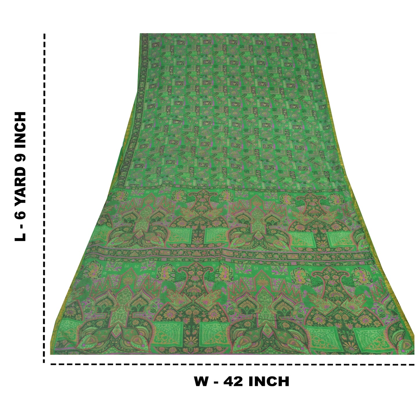 Sanskriti Vintage Sarees Green Zari Border Pure Silk Print Sari 5yd Craft Sustainable Fabric