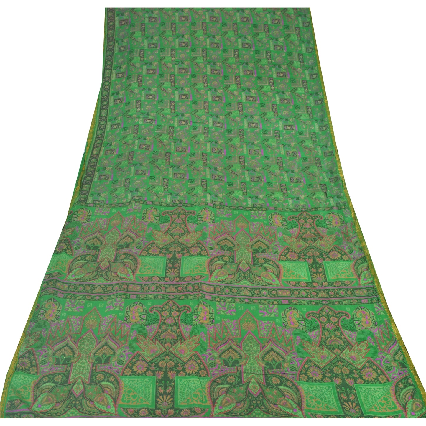 Sanskriti Vintage Sarees Green Zari Border Pure Silk Print Sari 5yd Craft Sustainable Fabric