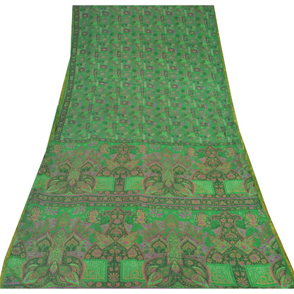 Sanskriti Vintage Sarees Green Zari Border Pure Silk Print Sari 5yd Craft Sustainable Fabric