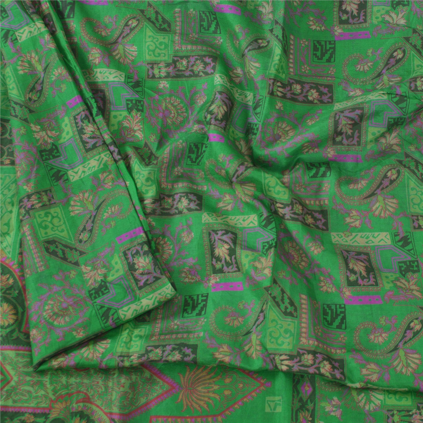 Sanskriti Vintage Sarees Green Zari Border Pure Silk Print Sari 5yd Craft Sustainable Fabric