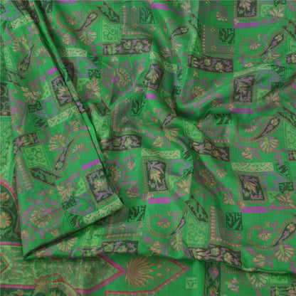 Sanskriti Vintage Sarees Green Zari Border Pure Silk Print Sari 5yd Craft Sustainable Fabric