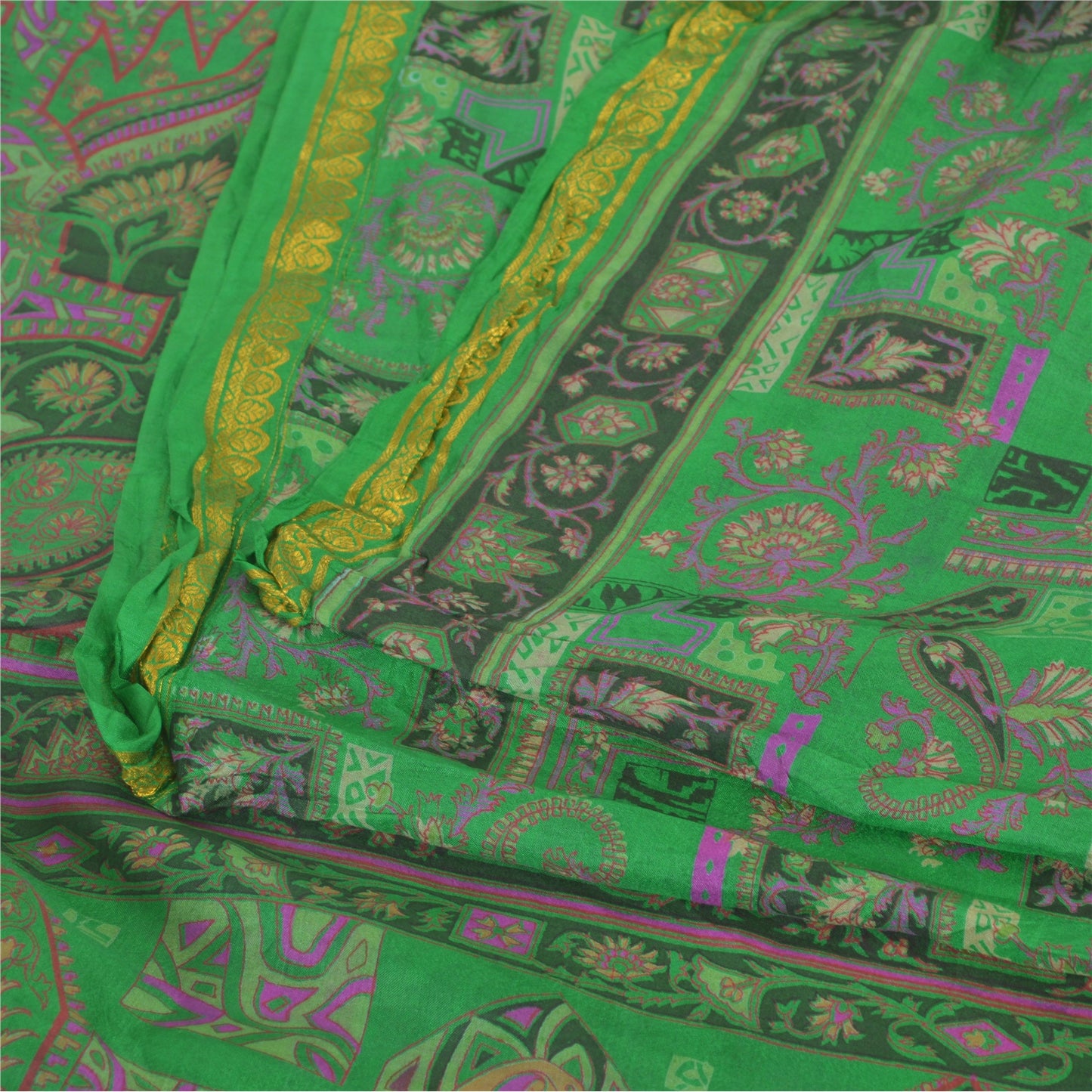 Sanskriti Vintage Sarees Green Zari Border Pure Silk Print Sari 5yd Craft Sustainable Fabric