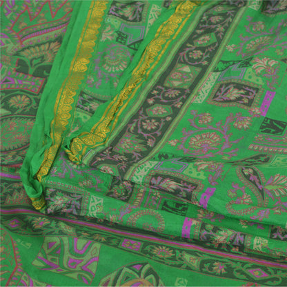 Sanskriti Vintage Sarees Green Zari Border Pure Silk Print Sari 5yd Craft Sustainable Fabric