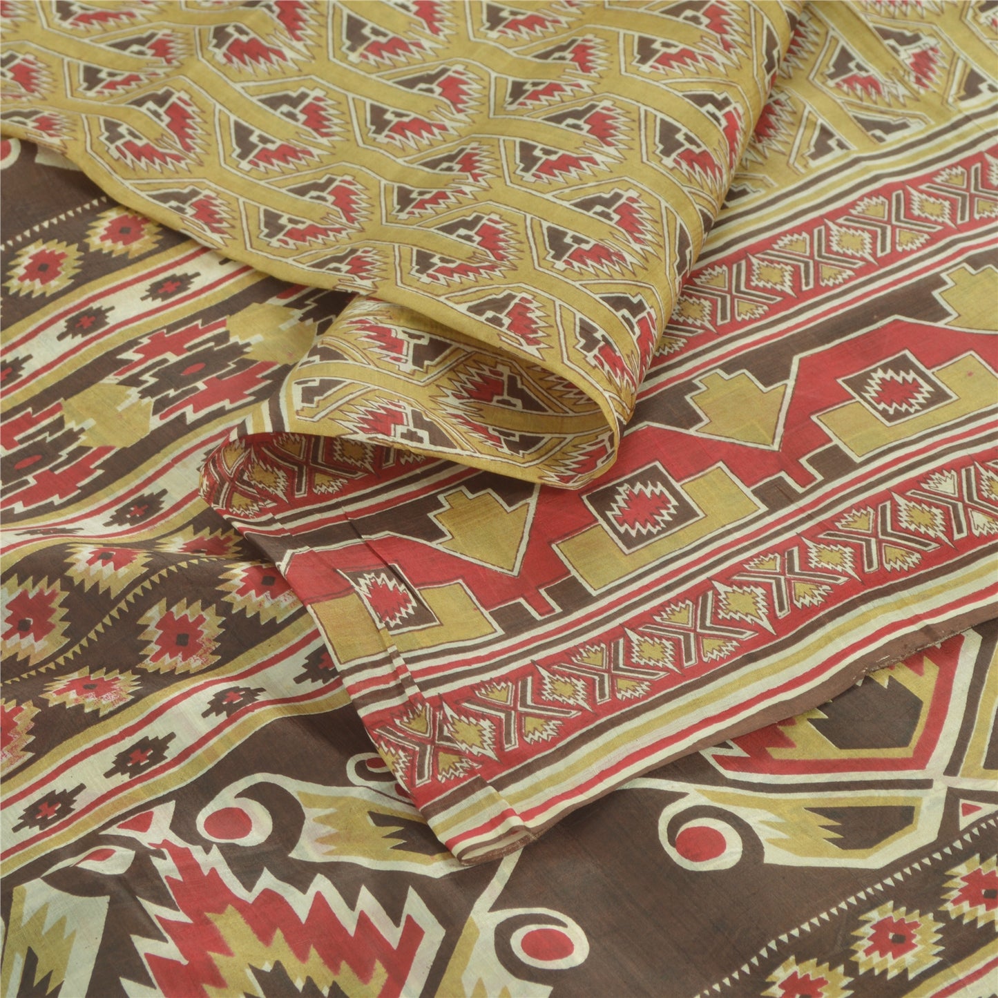 Sanskriti Vintage Sarees Olive Green Pure Silk Printed Sari 6yd Craft Sustainable Fabric