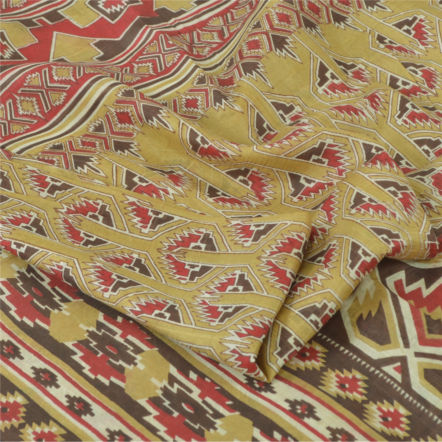 Sanskriti Vintage Sarees Olive Green Pure Silk Printed Sari 6yd Craft Sustainable Fabric