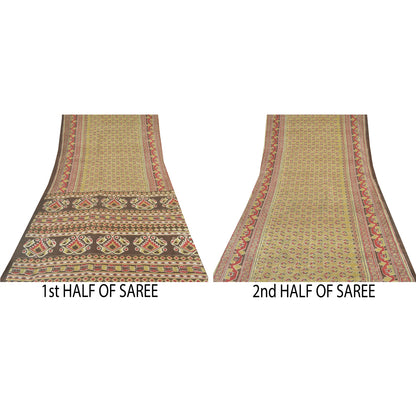 Sanskriti Vintage Sarees Olive Green Pure Silk Printed Sari 6yd Craft Sustainable Fabric