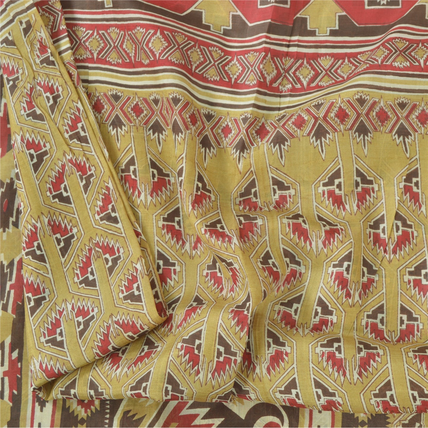 Sanskriti Vintage Sarees Olive Green Pure Silk Printed Sari 6yd Craft Sustainable Fabric