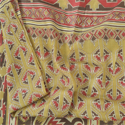 Sanskriti Vintage Sarees Olive Green Pure Silk Printed Sari 6yd Craft Sustainable Fabric