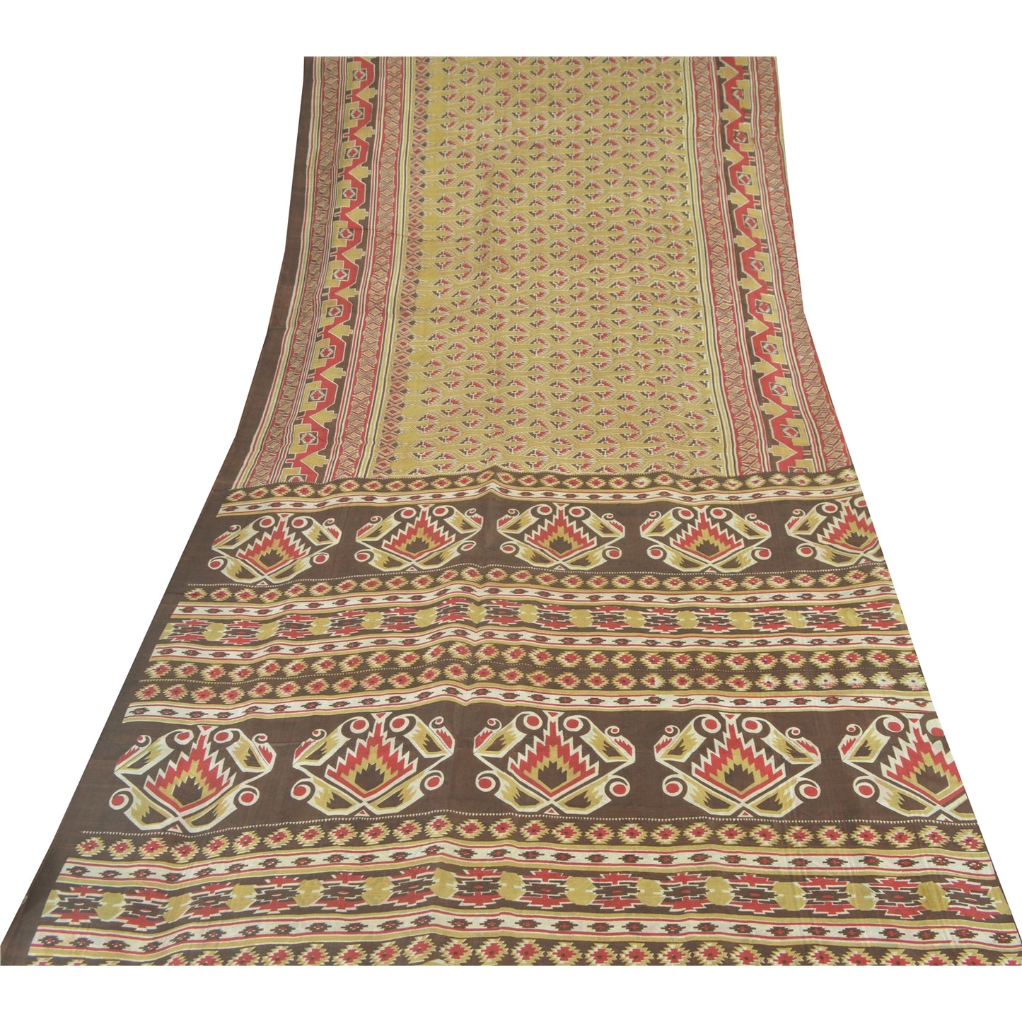 Sanskriti Vintage Sarees Olive Green Pure Silk Printed Sari 6yd Craft Sustainable Fabric