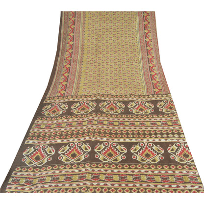 Sanskriti Vintage Sarees Olive Green Pure Silk Printed Sari 6yd Craft Sustainable Fabric