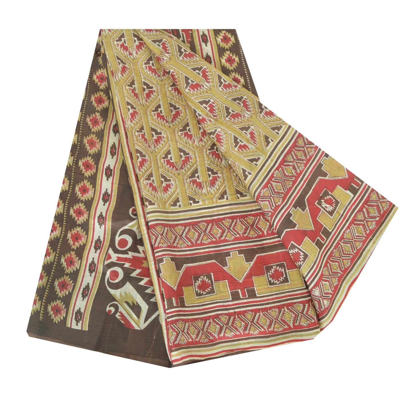 Sanskriti Vintage Sarees Olive Green Pure Silk Printed Sari 6yd Craft Sustainable Fabric