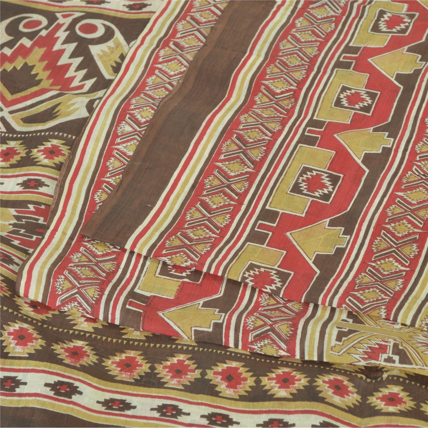 Sanskriti Vintage Sarees Olive Green Pure Silk Printed Sari 6yd Craft Sustainable Fabric