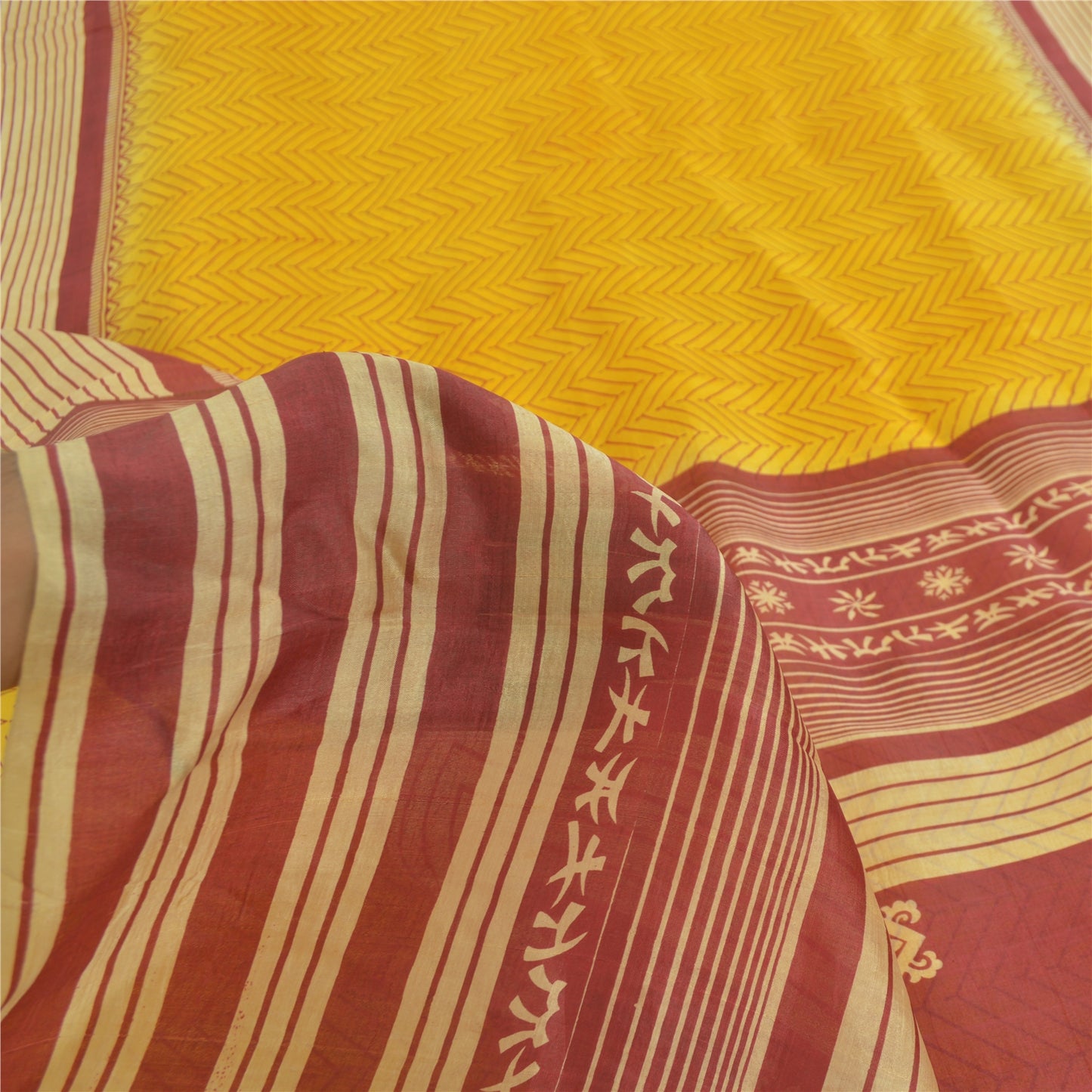 Sanskriti Vintage Sarees Indian Yellow Pure Silk Printed Sari 5yd Craft Sustainable Fabric