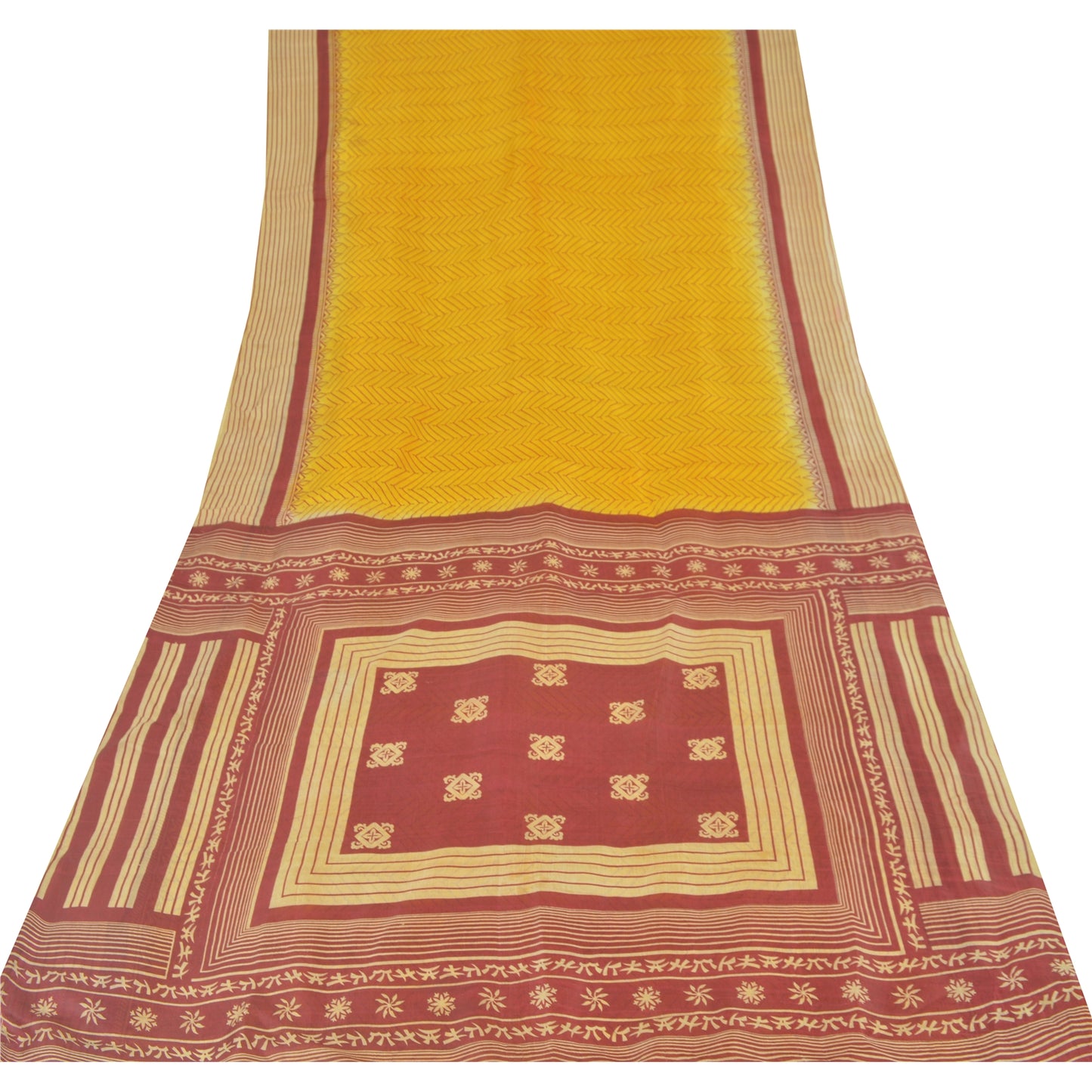 Sanskriti Vintage Sarees Indian Yellow Pure Silk Printed Sari 5yd Craft Sustainable Fabric