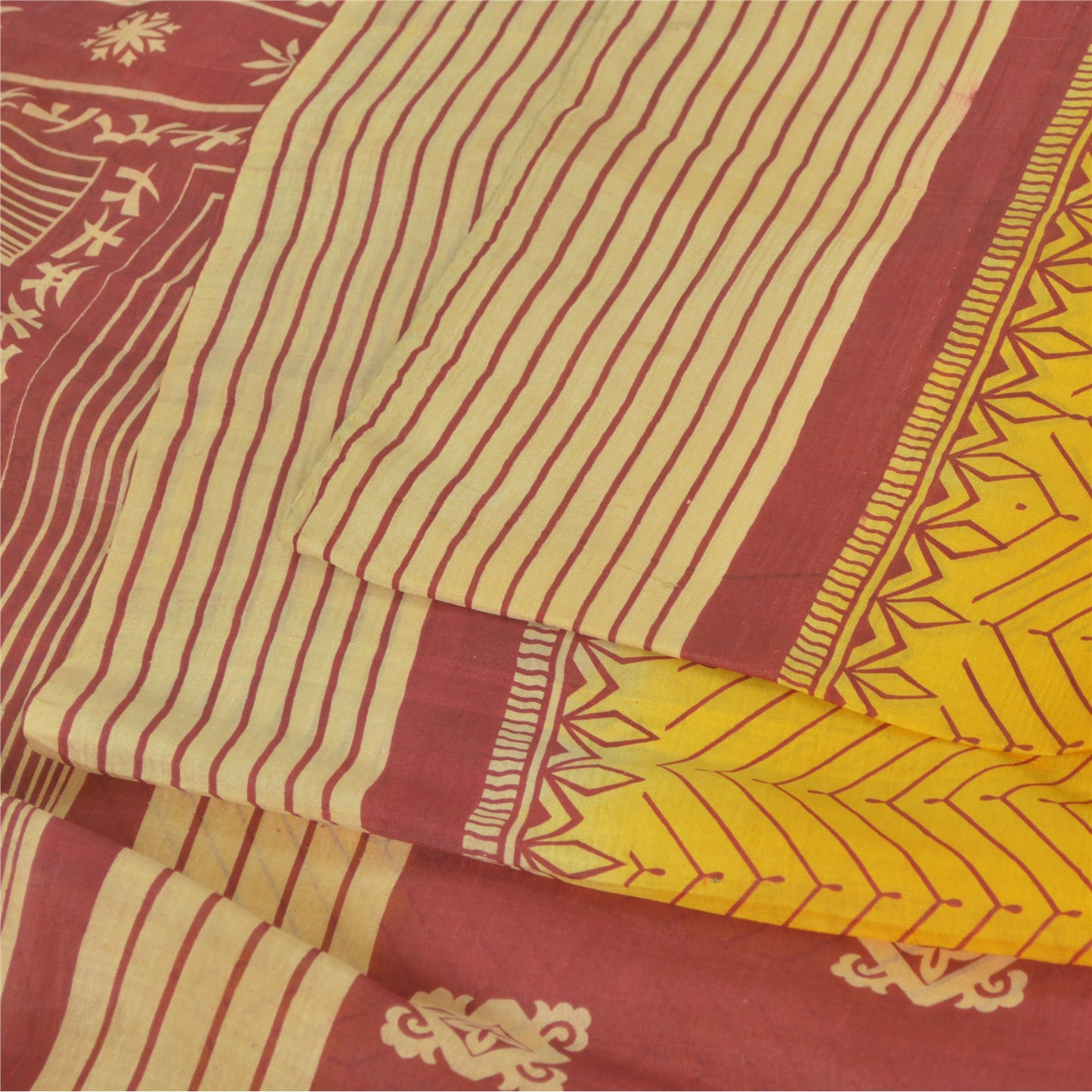 Sanskriti Vintage Sarees Indian Yellow Pure Silk Printed Sari 5yd Craft Sustainable Fabric