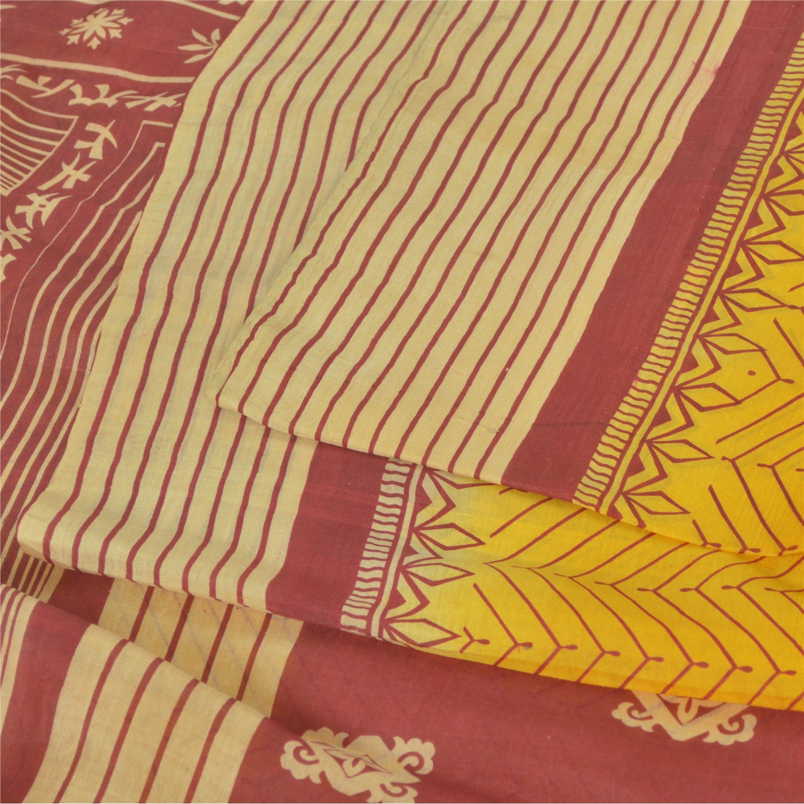 Sanskriti Vintage Sarees Indian Yellow Pure Silk Printed Sari 5yd Craft Sustainable Fabric