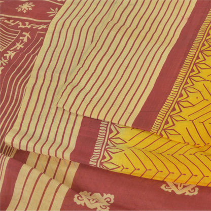 Sanskriti Vintage Sarees Indian Yellow Pure Silk Printed Sari 5yd Craft Sustainable Fabric