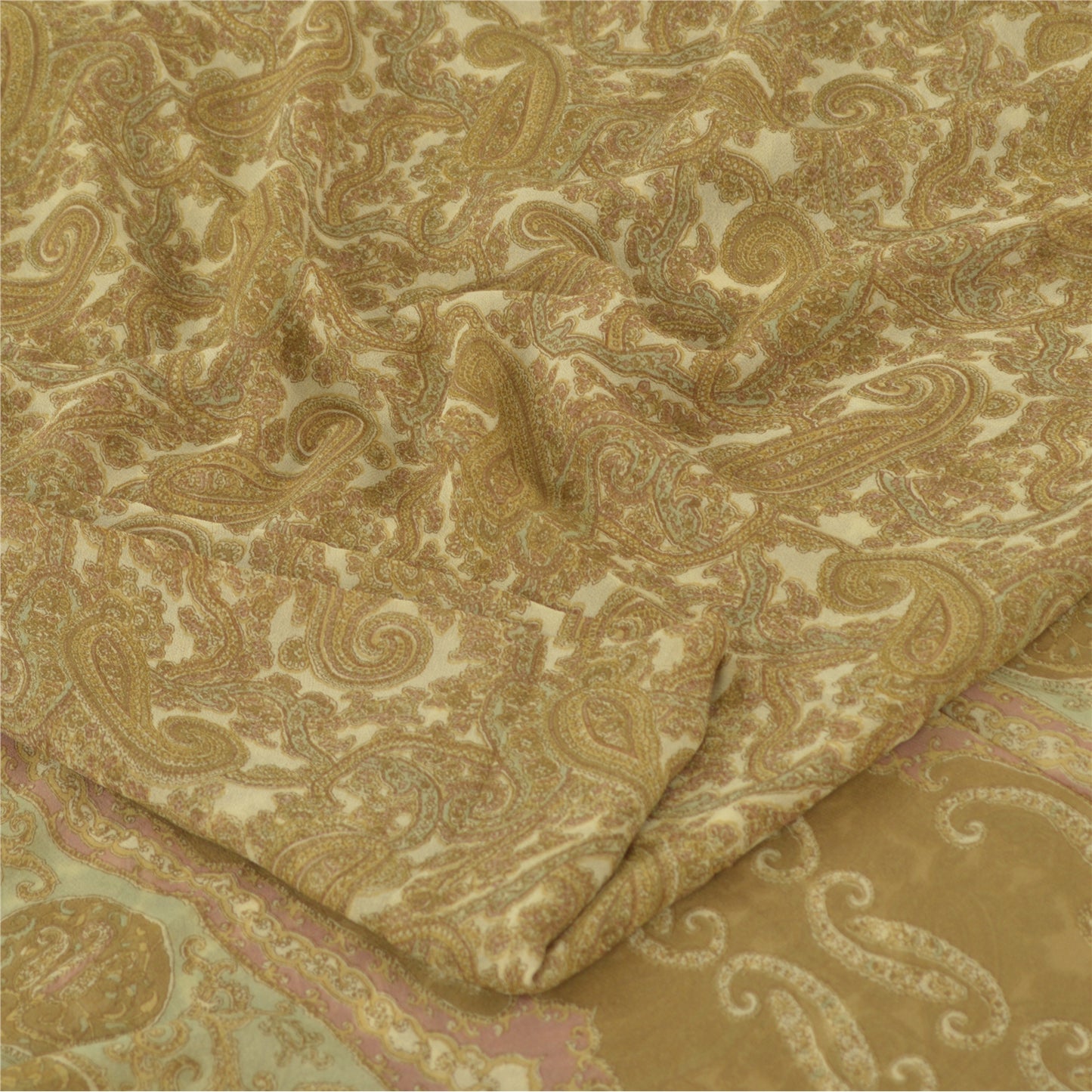Sanskriti Vintage Sarees Cream Blend Georgette Print Sari 6yd Soft Craft Sustainable Fabric