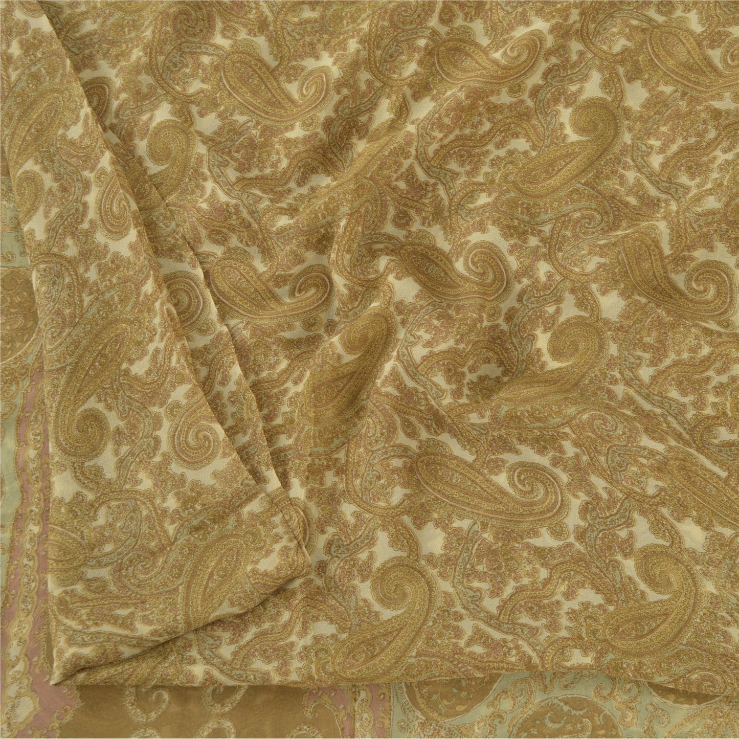 Sanskriti Vintage Sarees Cream Blend Georgette Print Sari 6yd Soft Craft Sustainable Fabric