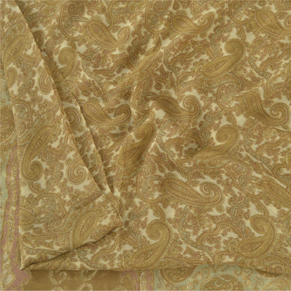 Sanskriti Vintage Sarees Cream Blend Georgette Print Sari 6yd Soft Craft Sustainable Fabric