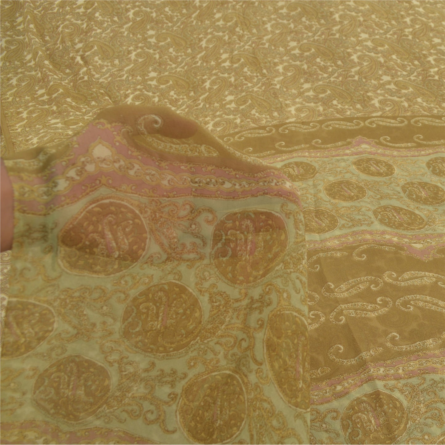 Sanskriti Vintage Sarees Cream Blend Georgette Print Sari 6yd Soft Craft Sustainable Fabric