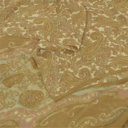Sanskriti Vintage Sarees Cream Blend Georgette Print Sari 6yd Soft Craft Sustainable Fabric