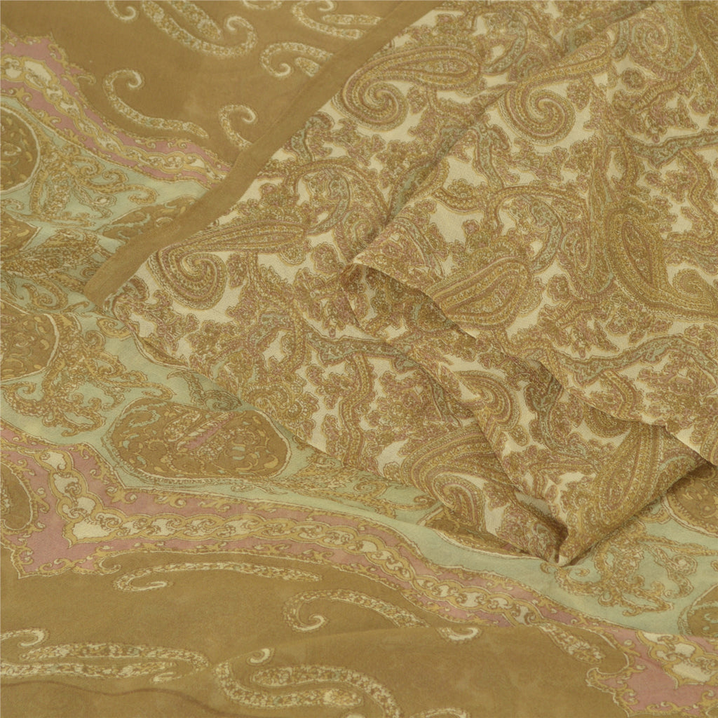 Sanskriti Vintage Sarees Cream Blend Georgette Print Sari 6yd Soft Craft Sustainable Fabric