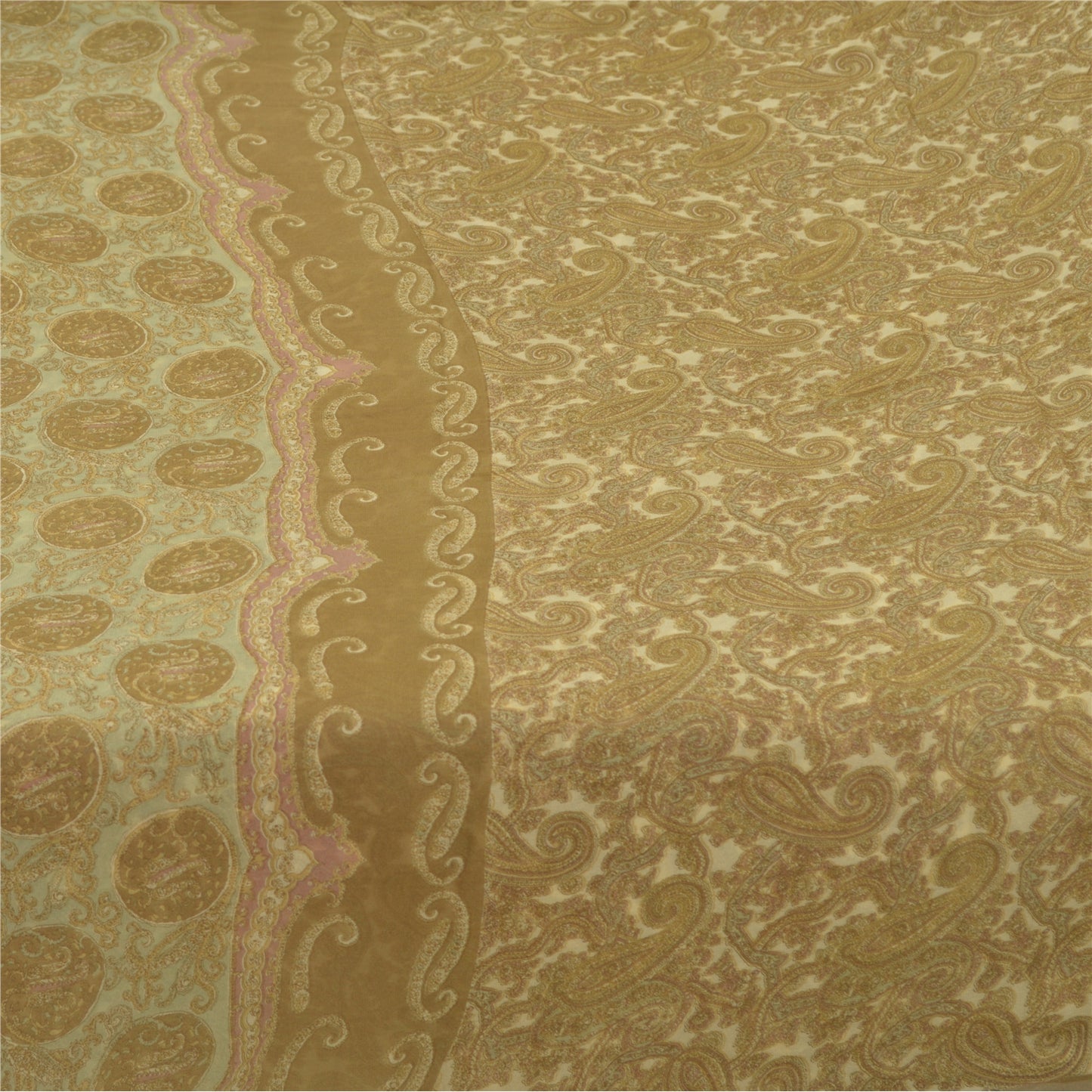 Sanskriti Vintage Sarees Cream Blend Georgette Print Sari 6yd Soft Craft Sustainable Fabric