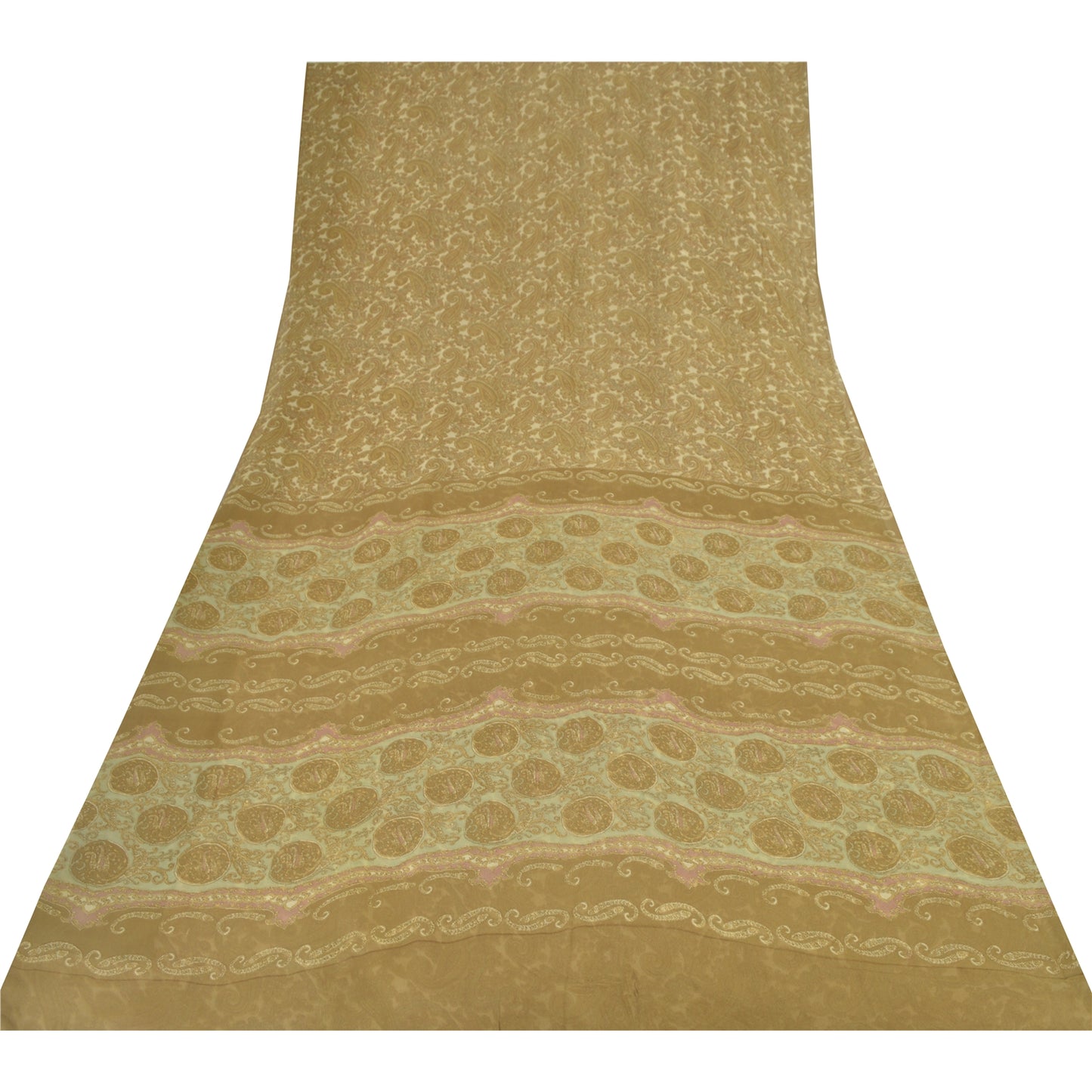 Sanskriti Vintage Sarees Cream Blend Georgette Print Sari 6yd Soft Craft Sustainable Fabric