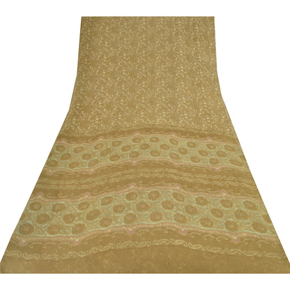 Sanskriti Vintage Sarees Cream Blend Georgette Print Sari 6yd Soft Craft Sustainable Fabric