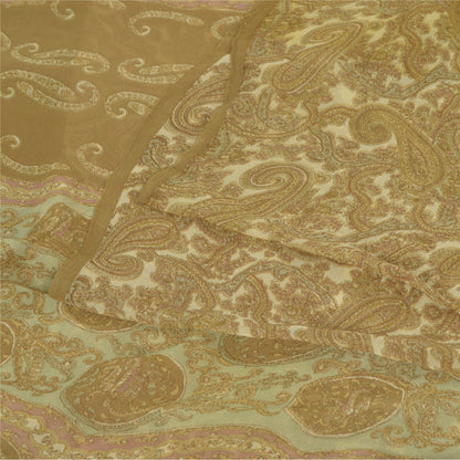 Sanskriti Vintage Sarees Cream Blend Georgette Print Sari 6yd Soft Craft Sustainable Fabric