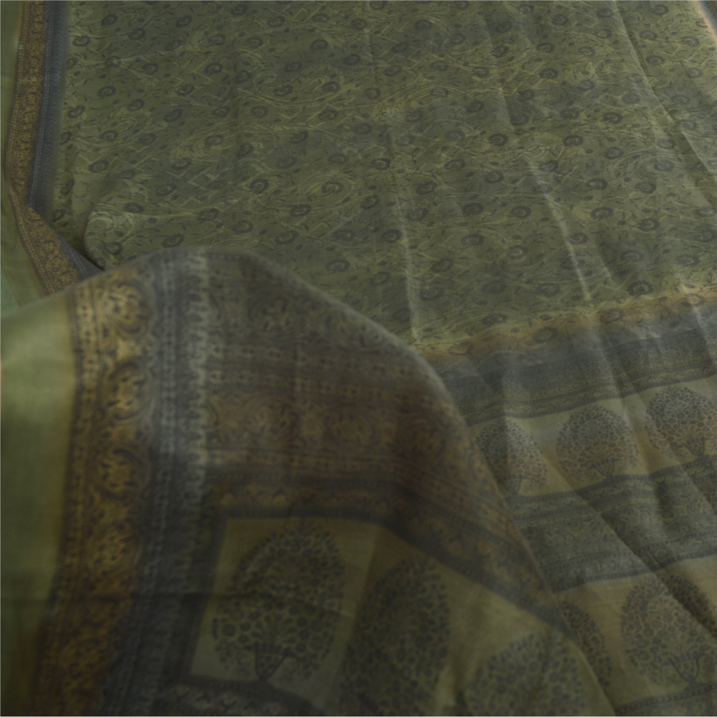 Sanskriti Vintage Sarees Green Indian Pure Cotton Printed Sari 5yd Craft Sustainable Fabric