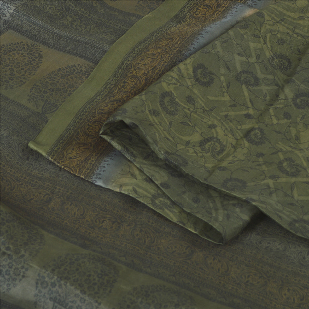 Sanskriti Vintage Sarees Green Indian Pure Cotton Printed Sari 5yd Craft Sustainable Fabric