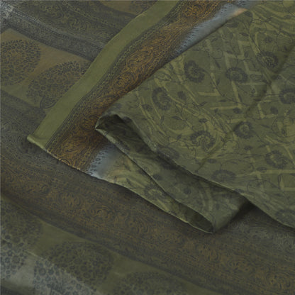 Sanskriti Vintage Sarees Green Indian Pure Cotton Printed Sari 5yd Craft Sustainable Fabric