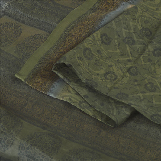 Sanskriti Vintage Sarees Green Indian Pure Cotton Printed Sari 5yd Craft Sustainable Fabric