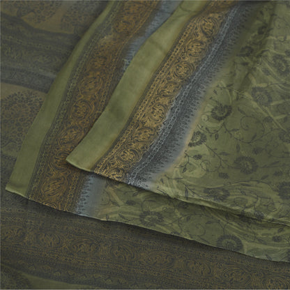 Sanskriti Vintage Sarees Green Indian Pure Cotton Printed Sari 5yd Craft Sustainable Fabric