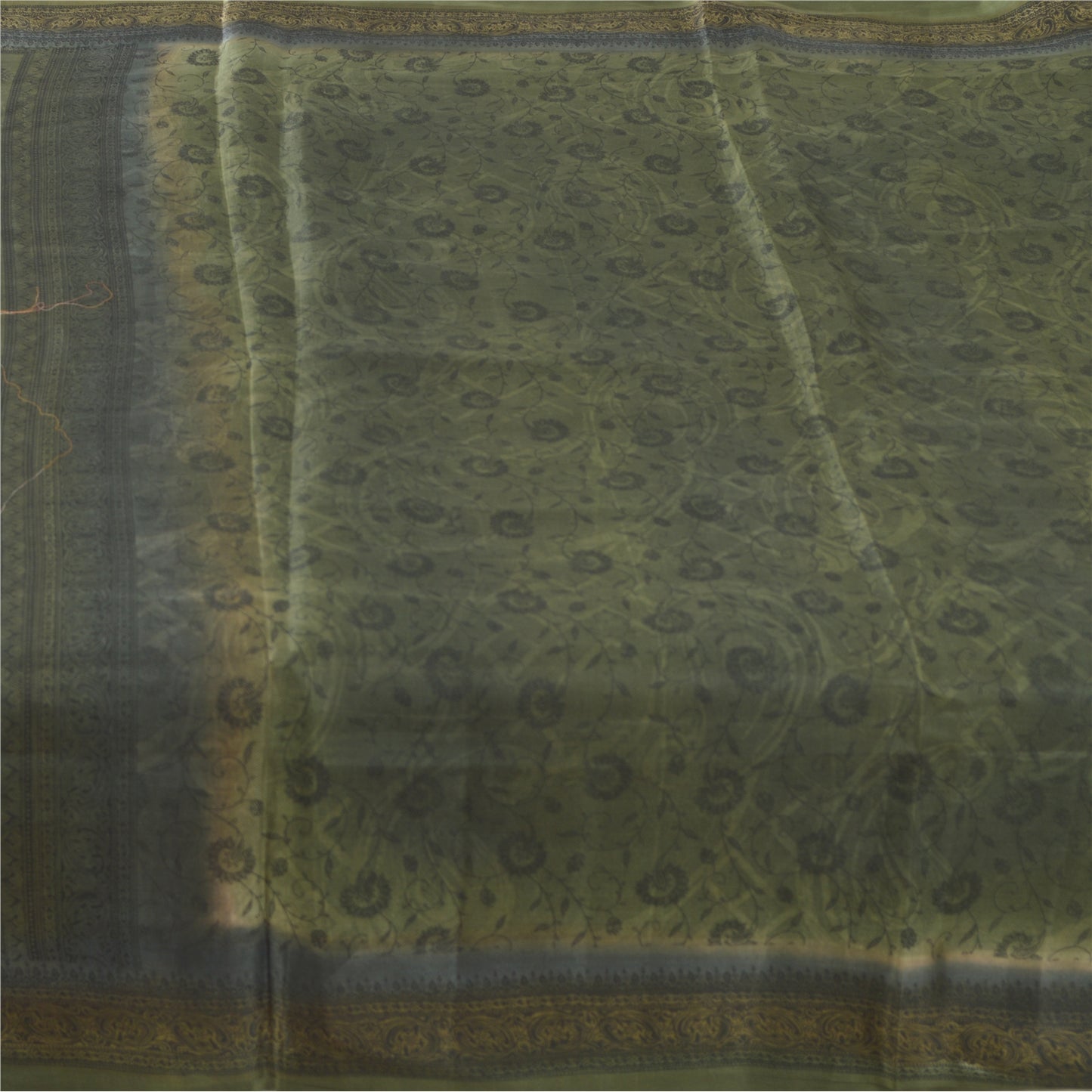 Sanskriti Vintage Sarees Green Indian Pure Cotton Printed Sari 5yd Craft Sustainable Fabric