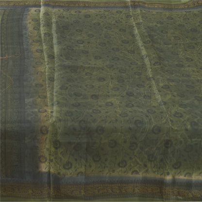 Sanskriti Vintage Sarees Green Indian Pure Cotton Printed Sari 5yd Craft Sustainable Fabric