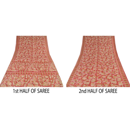 Sanskriti Vintage Sarees Red/Green 100% Pure Silk Printed Sari 5yd Craft Sustainable Fabric