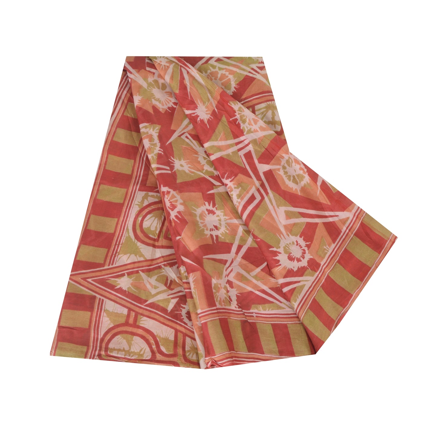 Sanskriti Vintage Sarees Red/Green 100% Pure Silk Printed Sari 5yd Craft Sustainable Fabric