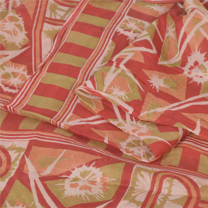 Sanskriti Vintage Sarees Red/Green 100% Pure Silk Printed Sari 5yd Craft Sustainable Fabric